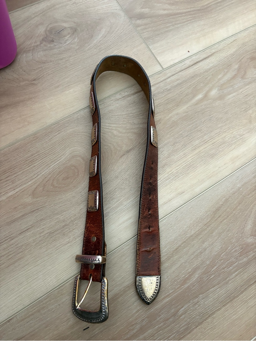 Vintage Brown Leather womens Belt with Silver-Tone Buckle